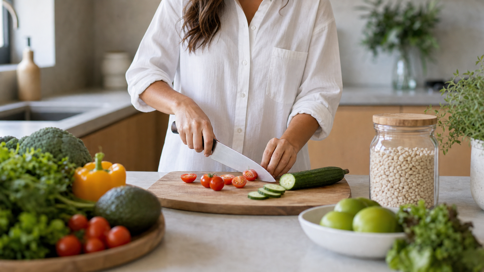 Nutrition Modern Kitchen Set, Hands cutting vegetables